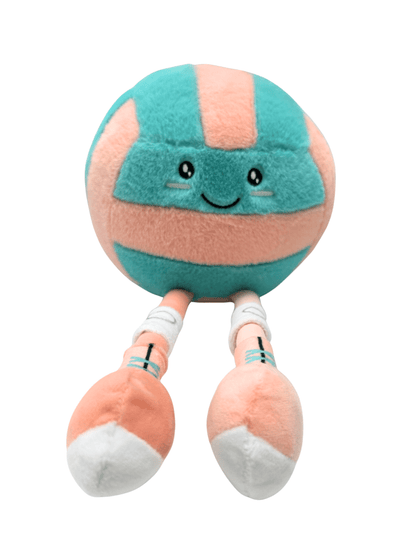 Plush toy shaped like a volleyball with a smiling face on a white background
